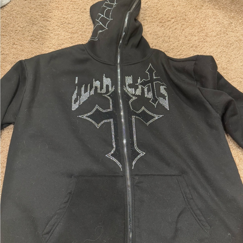rhinestone cross zip up hoodie